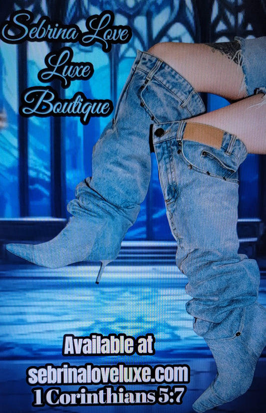 Chic Blue Denim Kitten Heel Over The Knee Thigh Boots