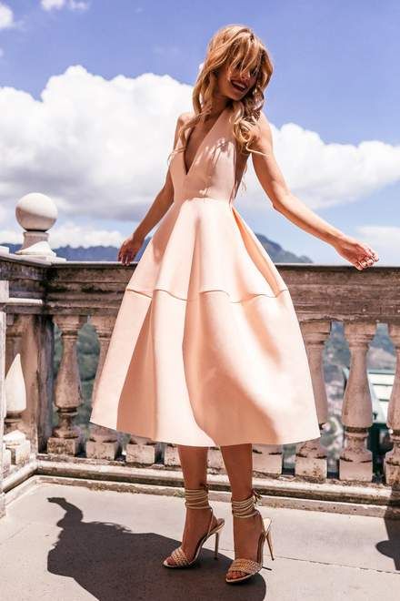 Romantic Blush Backless Tea Length Dress