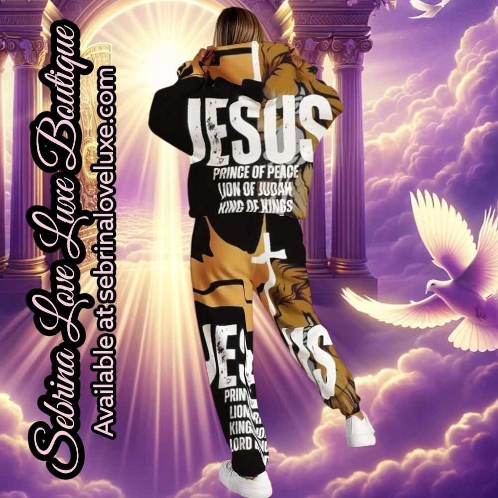 "JESUS " 2pc Black White & Gold Graphic Scripture Hoodie & Jogger Set