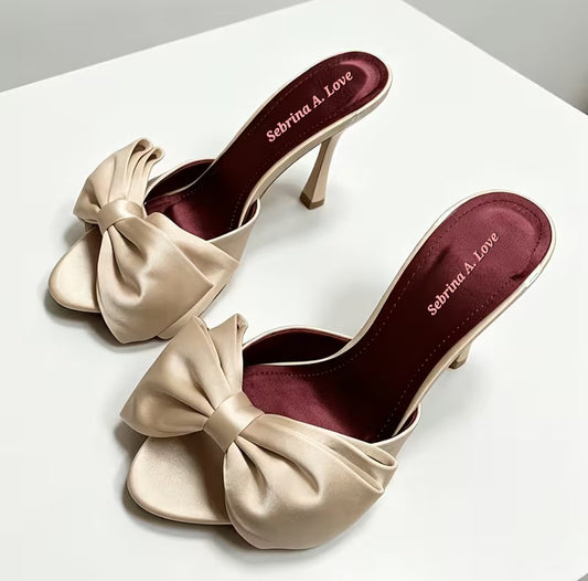 Flirty Romantic Champagne Ivory Bow Embellished Mules