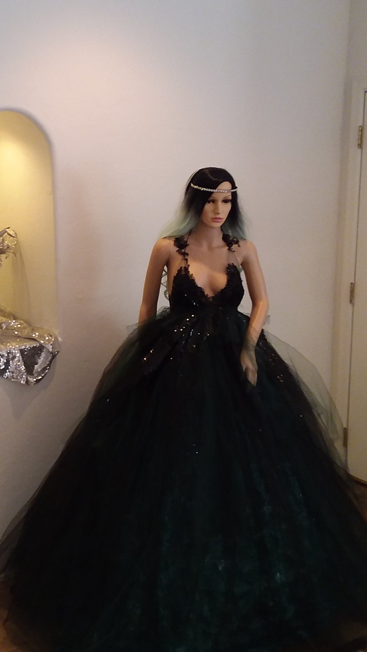 "ESPERANZA" Gothic Romance Black & Green Sequin Lace Tulle 3D Rosette Wedding Ballgown Set (SAMPLE GOWN SET)