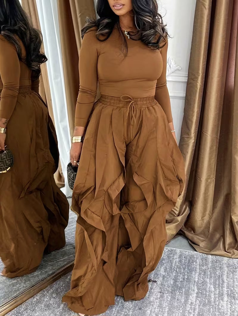 Luxe Walnut Brown Ruffled Boho Flowy Wide Leg Pants