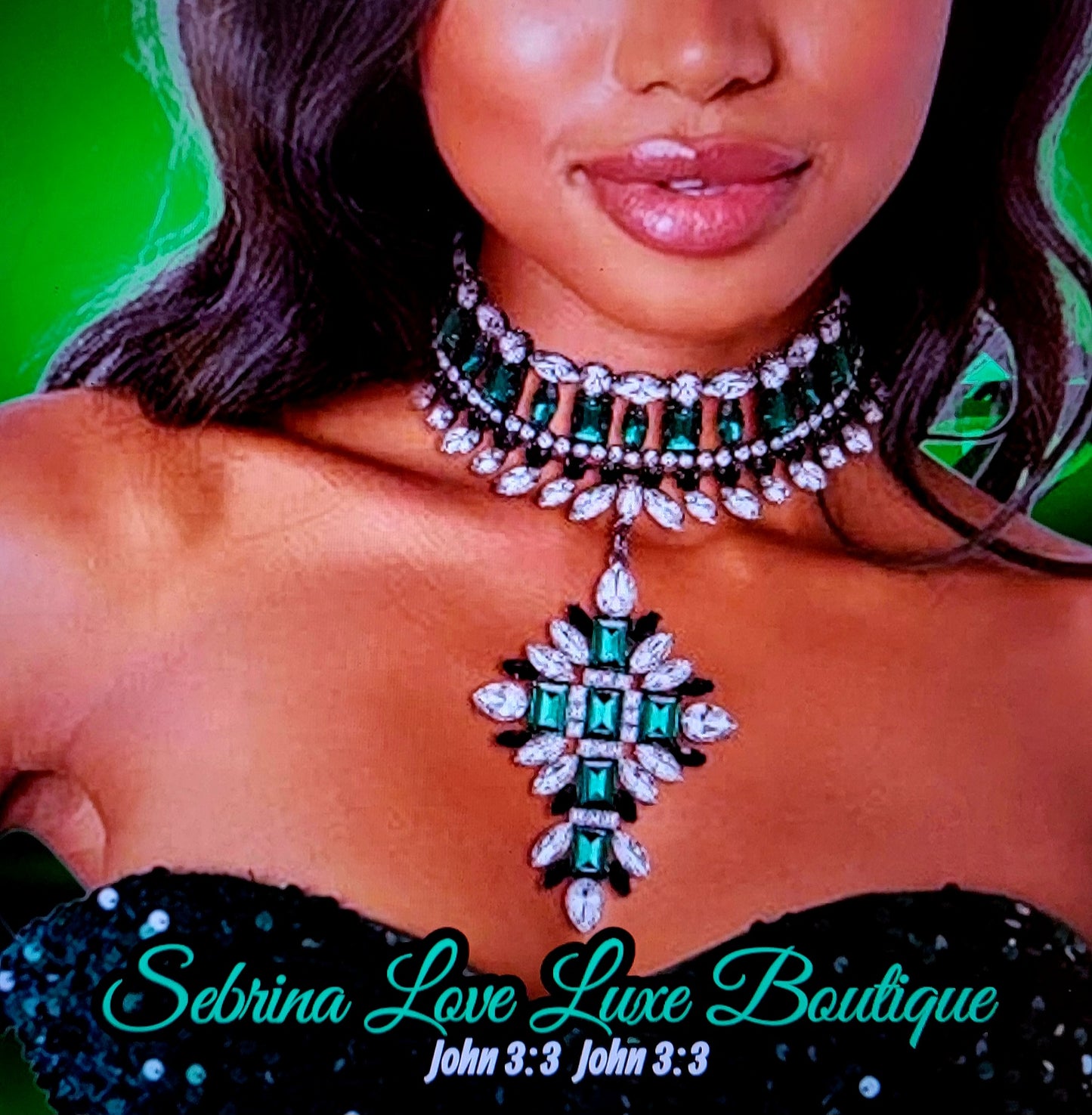 Elegant Green & White Crystal Diamante Rhinestone Bejeweled Cross Collar Necklace