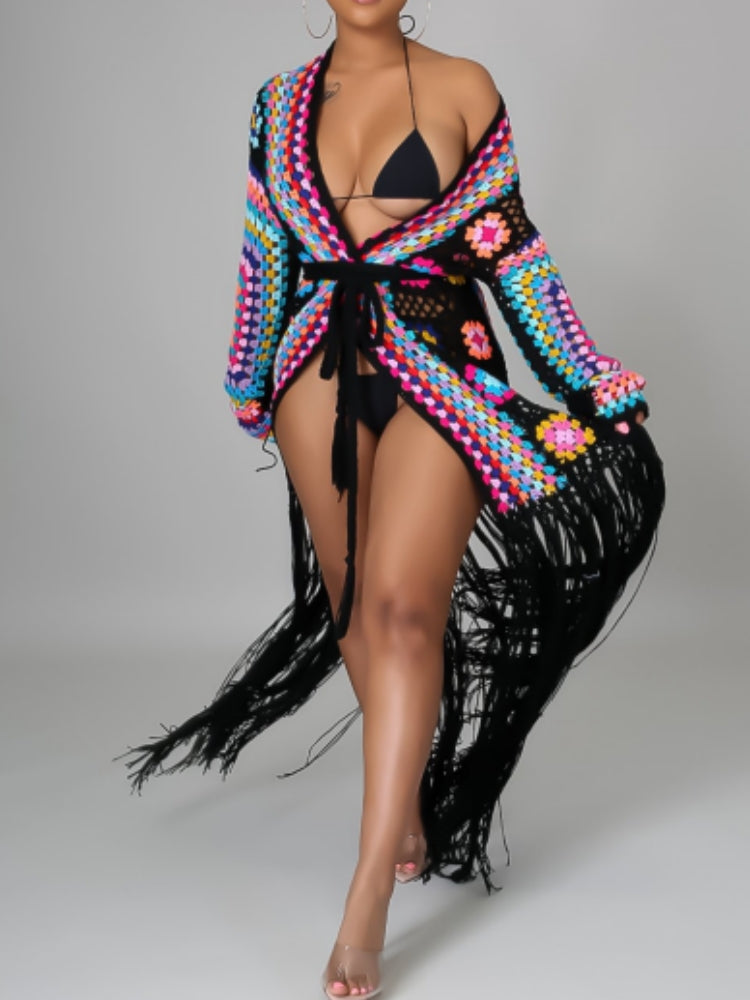 Beautiful Boho Multicolor Black Fringe Crochet Maxi Sweater