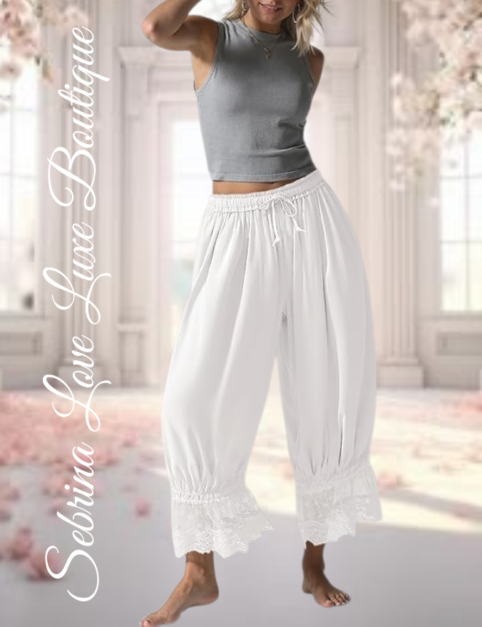 Romantic Victorian Inspired White Boho Wide Leg Pantaloon Bloomer Harem Pants