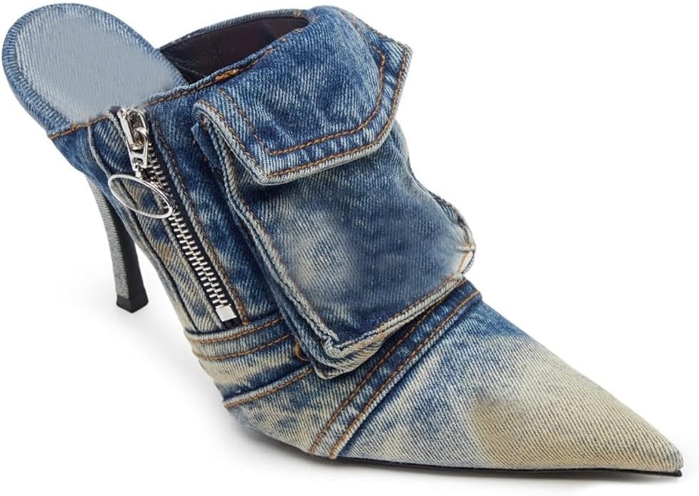 Chic Meduim Wash Distressed Denim Cargo Mule Heels