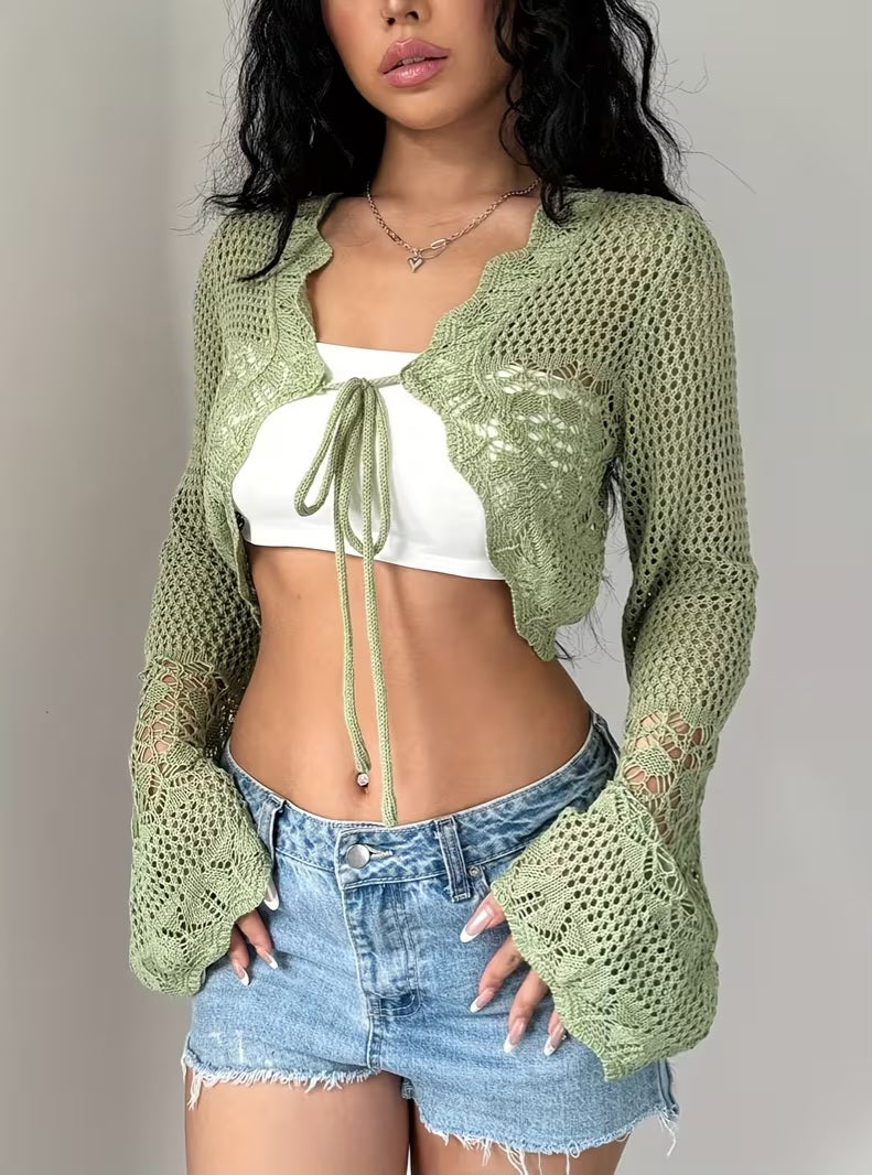 Cute Sage Green Crochet Bell Sleeve Cropped Sweater
