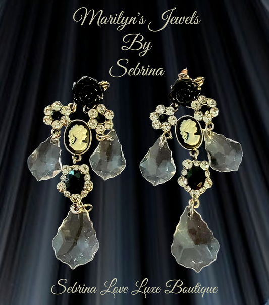 Vintage Inspired Black & Gold Crystal Bejeweled Cameo Chandelier Earrings