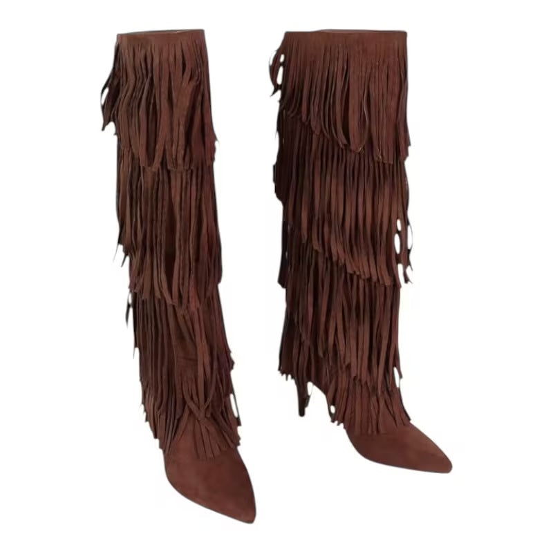 Boho Festival Chocolate Brown Fringe Heeled Boots