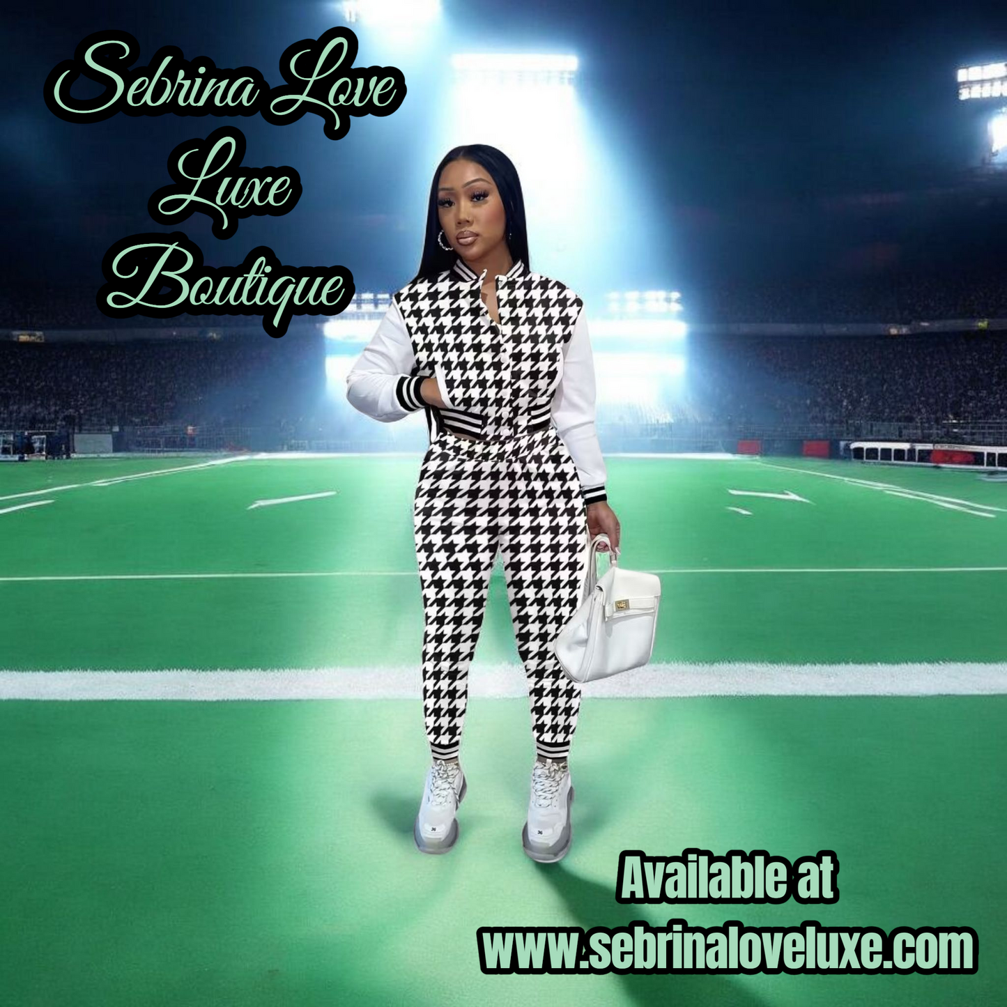 Black & White 2pc Houndstooth Check Print Jogger Set