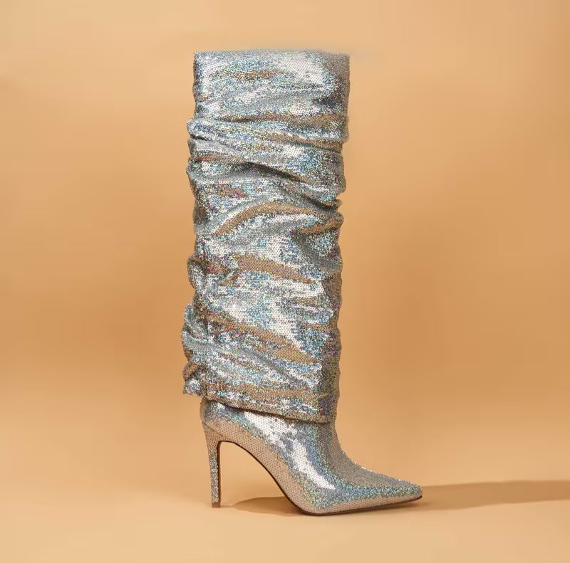 Sexy Metallic Silver Sparkly Slouchy Knee Boots