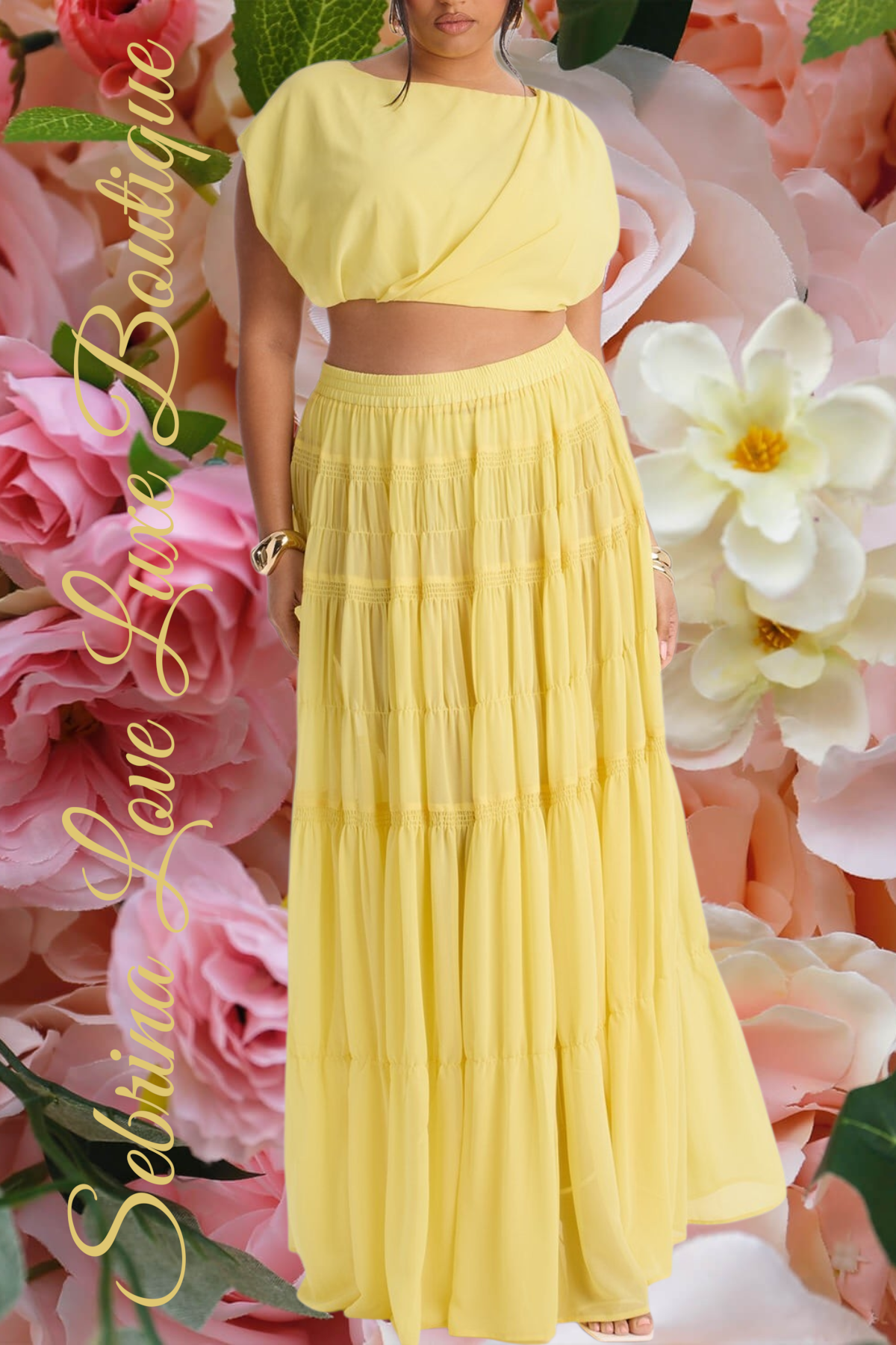 Romantic Yellow Chiffon Plus Crop Top & Maxi Skirt Dress Set