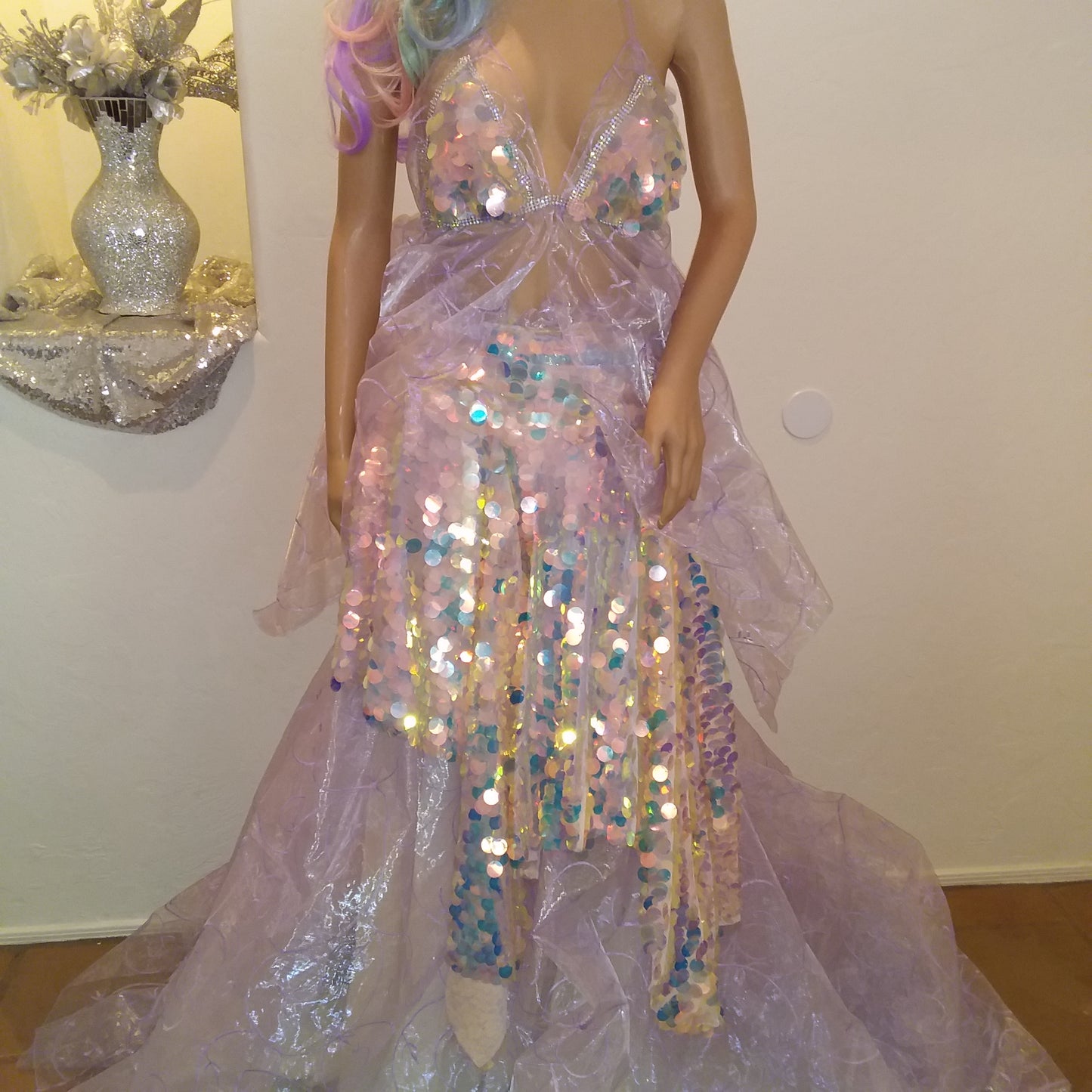The "CELESTE" Iridescent Unicorn Sequin Lavender Tulle Crystal Wedding Ballgown Set