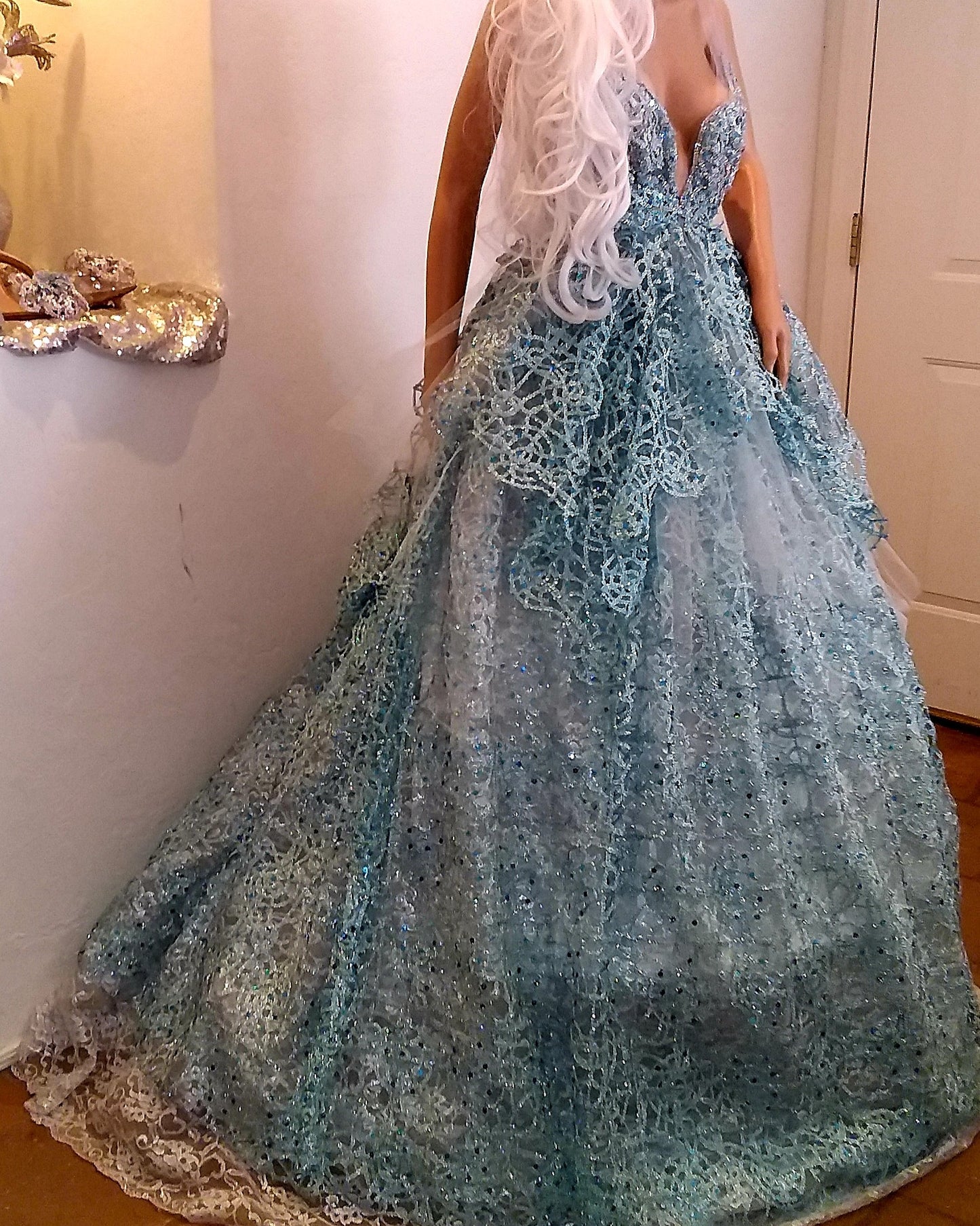 The "AMALI" Ocean Blue Sequin Lace Tulle Wedding Ballgown Set (Custom Order)
