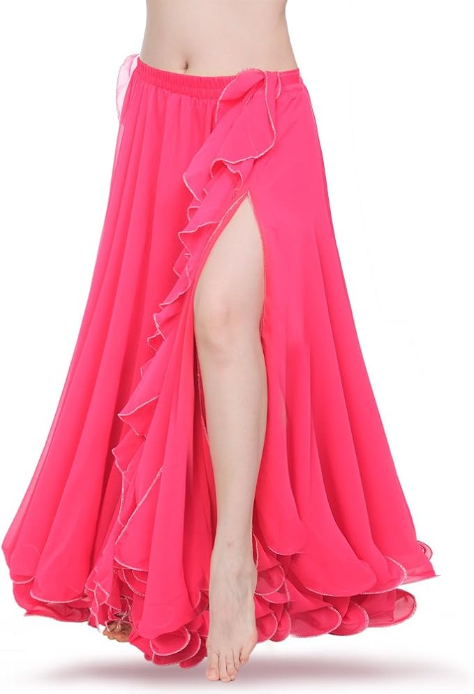 Exotic Hot Pink Chiffon Ruffled Boho Bellydance Maxi Skirt