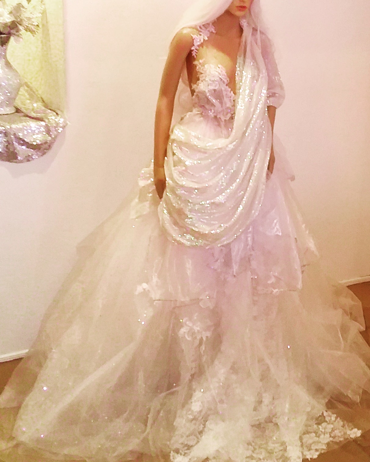 Exotic "ANIKA" White Lace & Tulle Sequin Lehenga Saree Wedding Ballgown Set