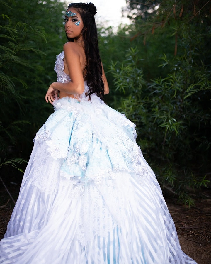 "THANIA" White, Ice Blue Silver Embroidered, Crystal Striped Organza Wedding Ballgown Set