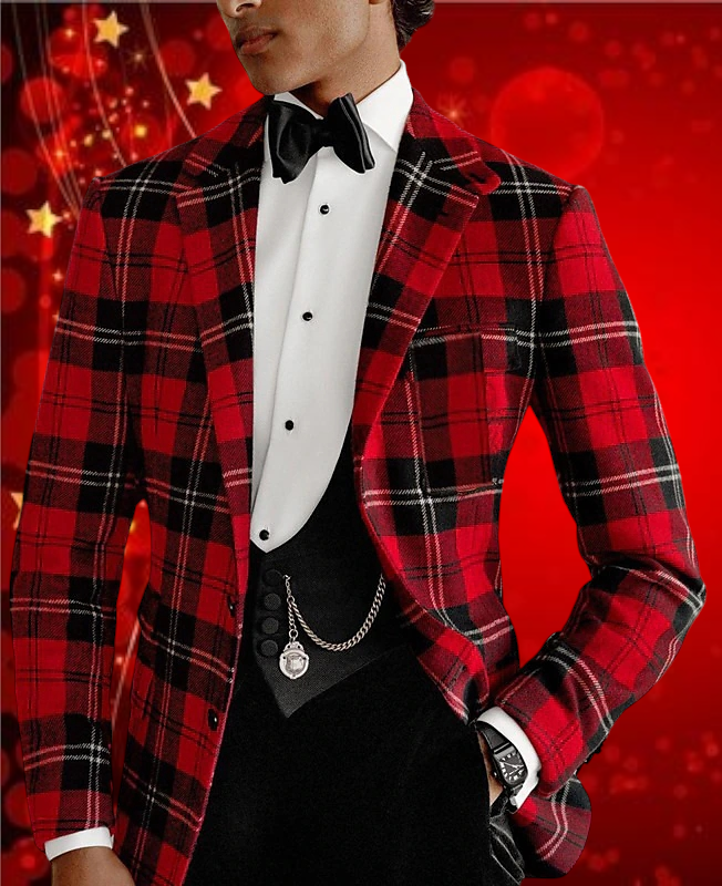 Festive Men's Red Tartan Plaid Blazer Suit Jacket