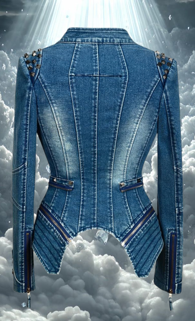 Edgy Blue Denim Studded Rocker Biker Jacket