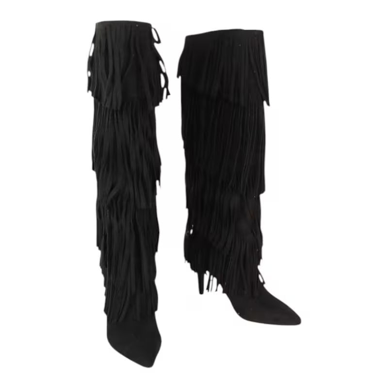 Boho Festival Black Fringe Heeled Boots