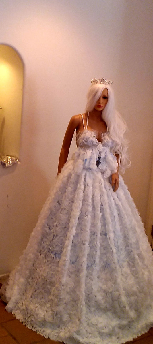 "BROOKLYN" White 3D Chiffon Rosette Blue Lace Wedding Ballgown Set