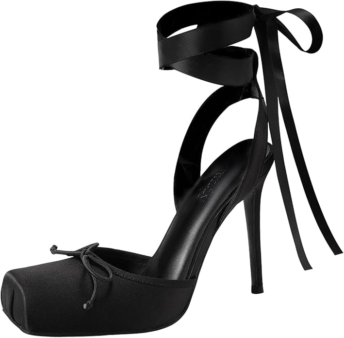 Elegant Romantic Black Satin Ribbon Ankle Tie Ballerina Heels