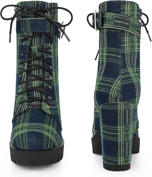 Collegecore Green & Navy Blue Tartan Plaid Round Toe Platform Combat Ankle Boots
