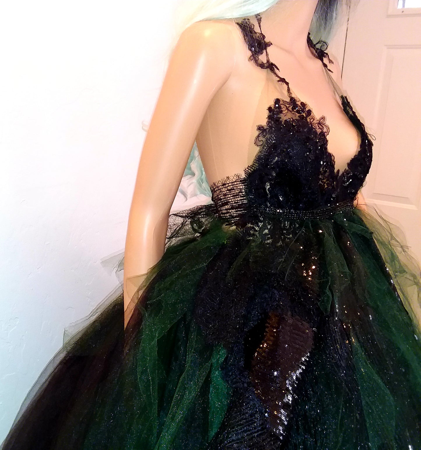 "ESPERANZA" Gothic Romance Black & Green Sequin Lace Tulle 3D Rosette Wedding Ballgown Set (SAMPLE GOWN SET)