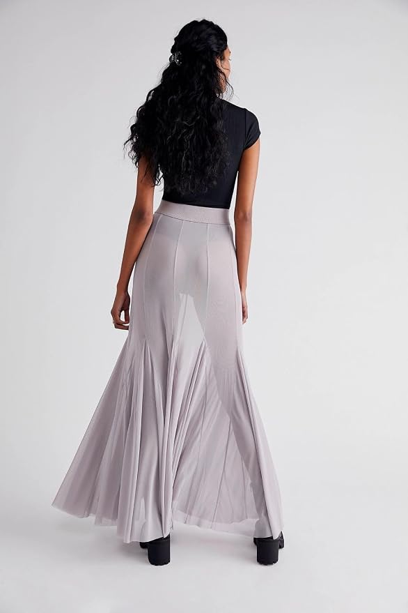 Chic Muted Lavender Sheer Powermesh Maxi Skirt