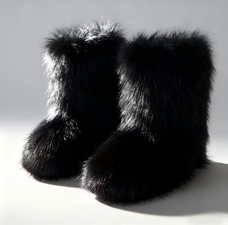 Stylish Deep Black Faux Fur Outdoor Winter Boots