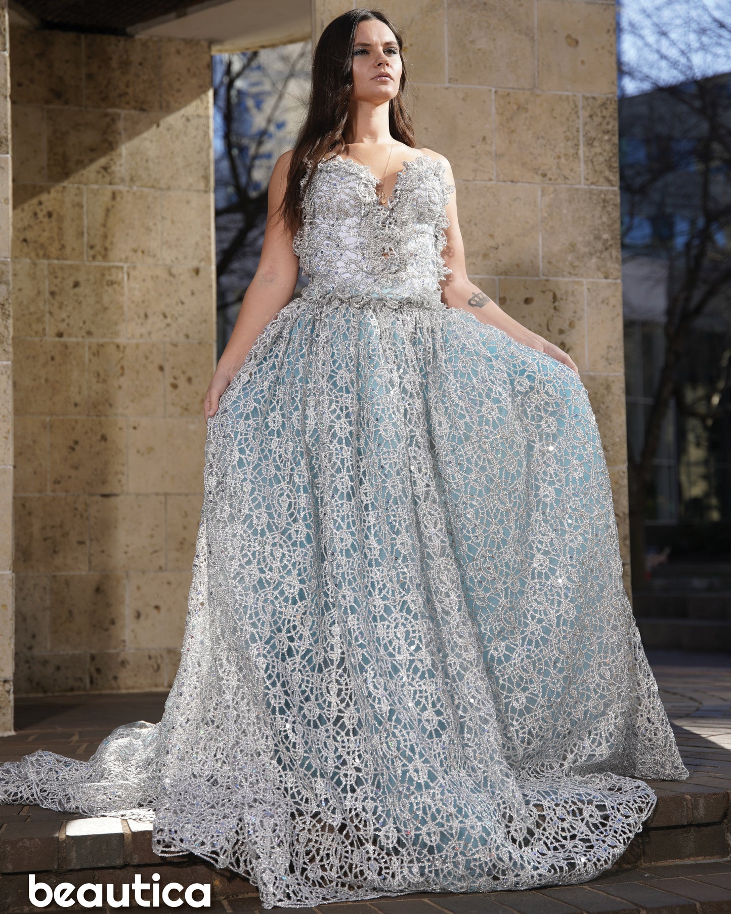 "NIVIA" Silver Lace, Crystal & Blue Tulle Wedding Ballgown Set