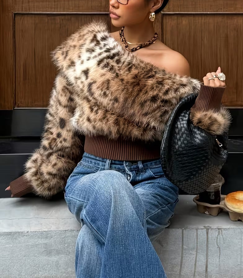 Luxe Plush Cheetah Leopard Animal Print Faux Fur Pullover Sweater Jacket