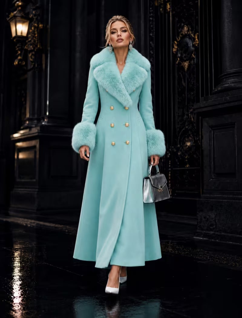 Luxe Ocean Aqua Blue Mint Green Faux Fur Trim Midi Coat