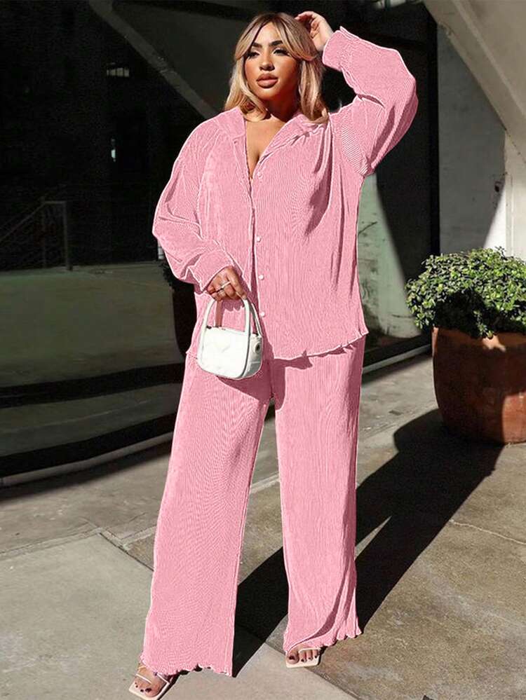Chic Soft Pink Pleated Tunic Button Closure & Pants Set