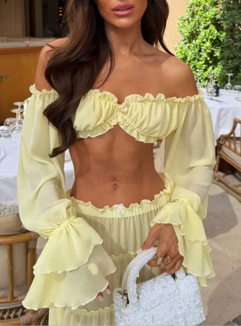 Romantic Yellow Chiffon Crop Top & Maxi Skirt Dress Set