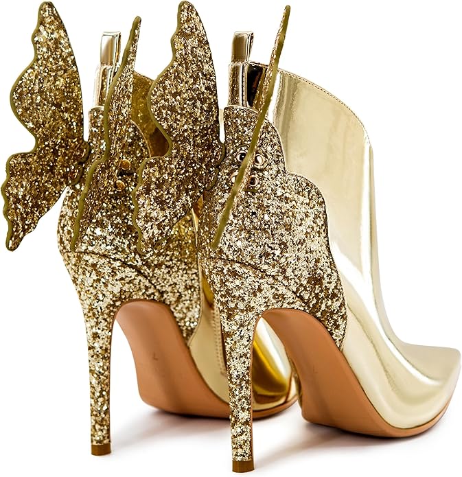 Sexy Gold Butterfly Sparkly Stiletto Ankle Boots