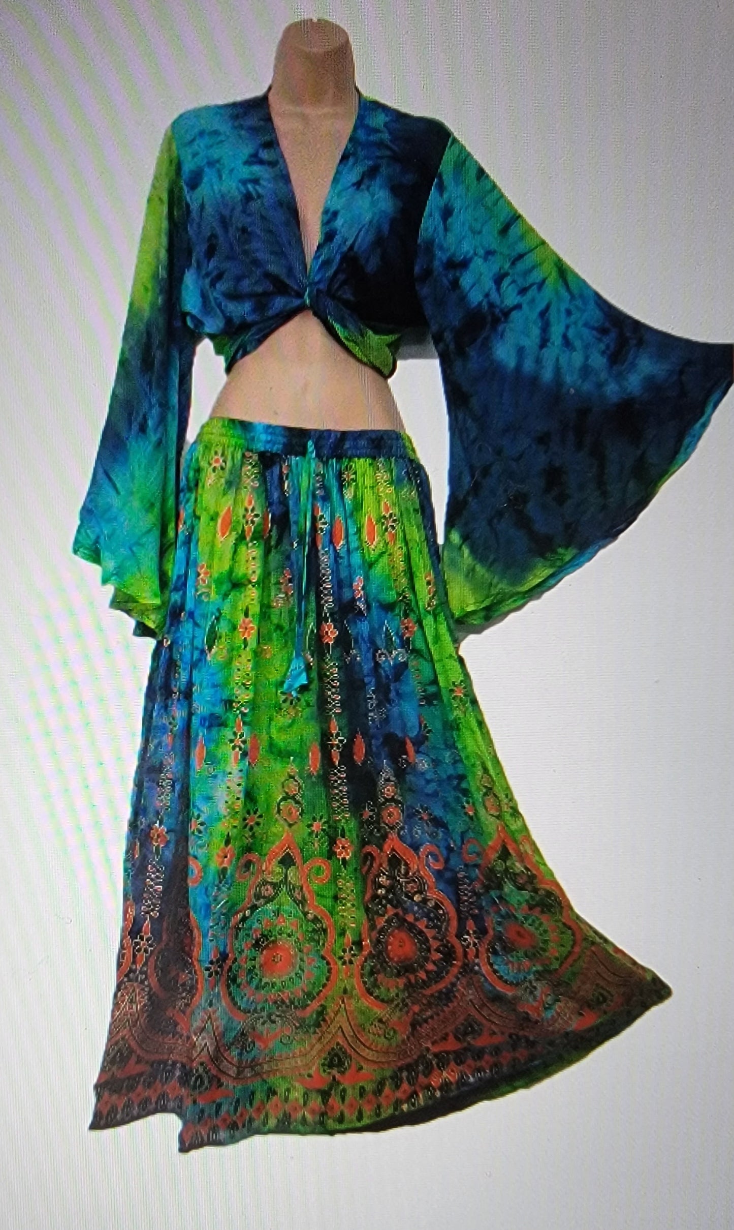 Bohemian Blue & Green Tie Dye 2 Piece Crop Top & Maxi Skirt Set