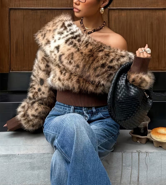 Luxe Plush Cheetah Leopard Animal Print Faux Fur Pullover Sweater Jacket