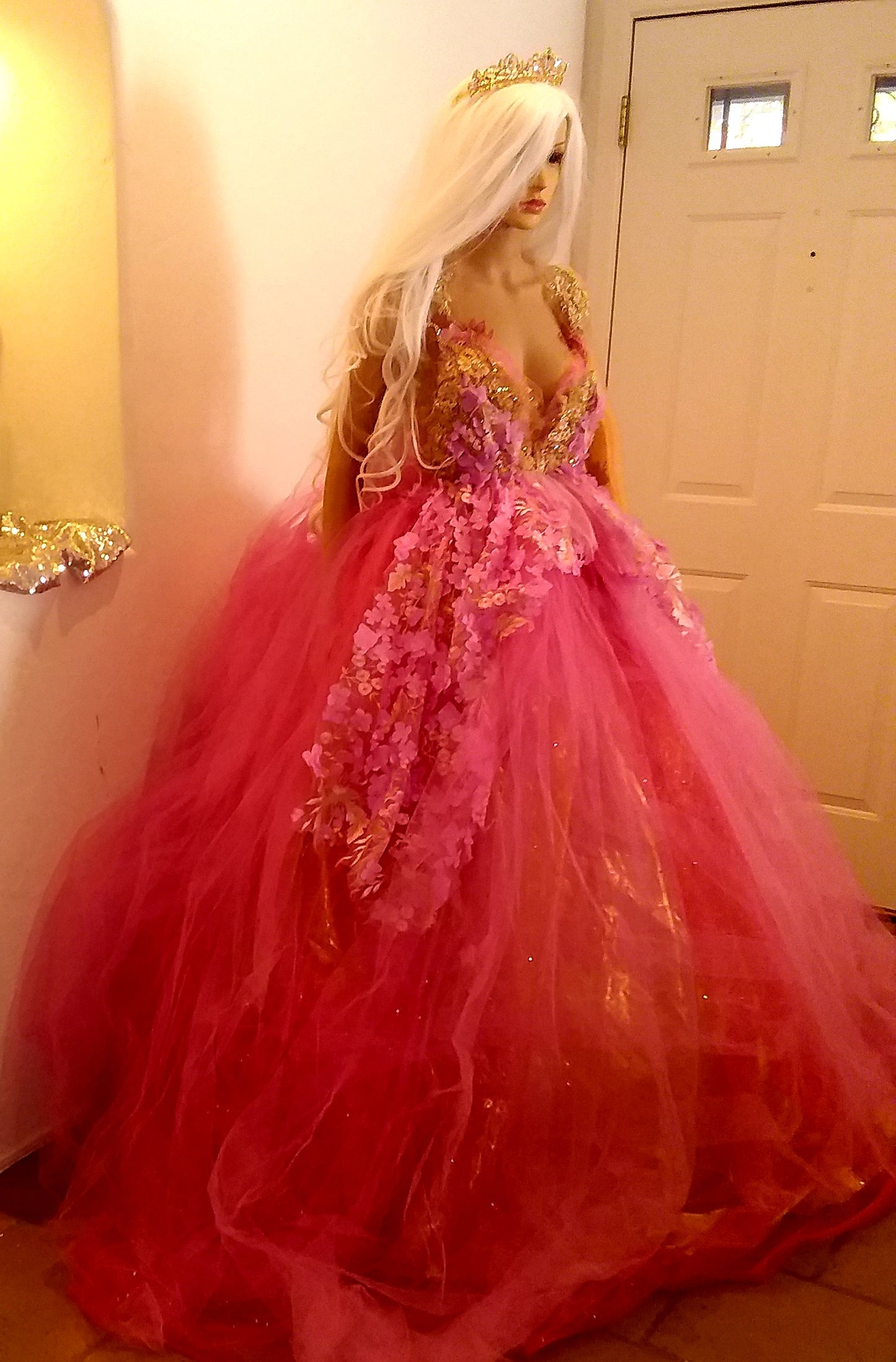 "HOPE" Pink & Gold Embroidered 3D Lace Crystal Beaded Wedding Ballgown Set