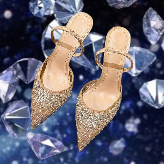 Sexy Nude Rhinestone Crystal Diamante Mesh Slingback Heels