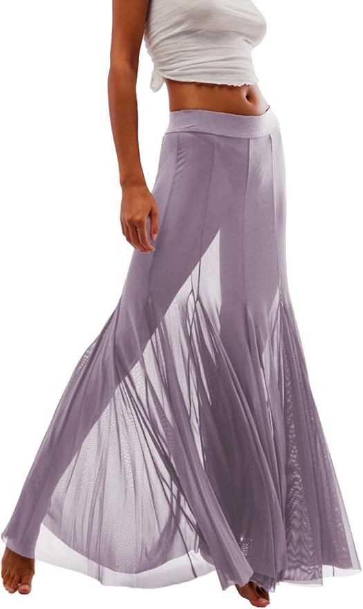 Chic Muted Lavender Sheer Powermesh Maxi Skirt
