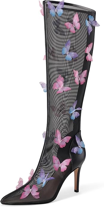 Beautiful Ethereal Black Mesh Butterfly Embellished Knee Boots