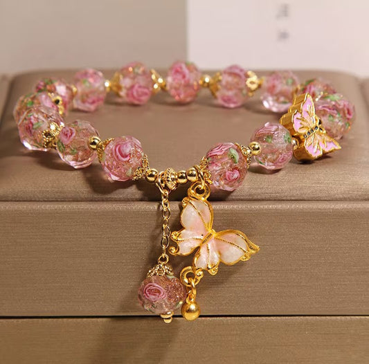 Romantic Victorian Vintage Inspired Pink & Gold Rose Butterfly Bead Rose  Bracelet