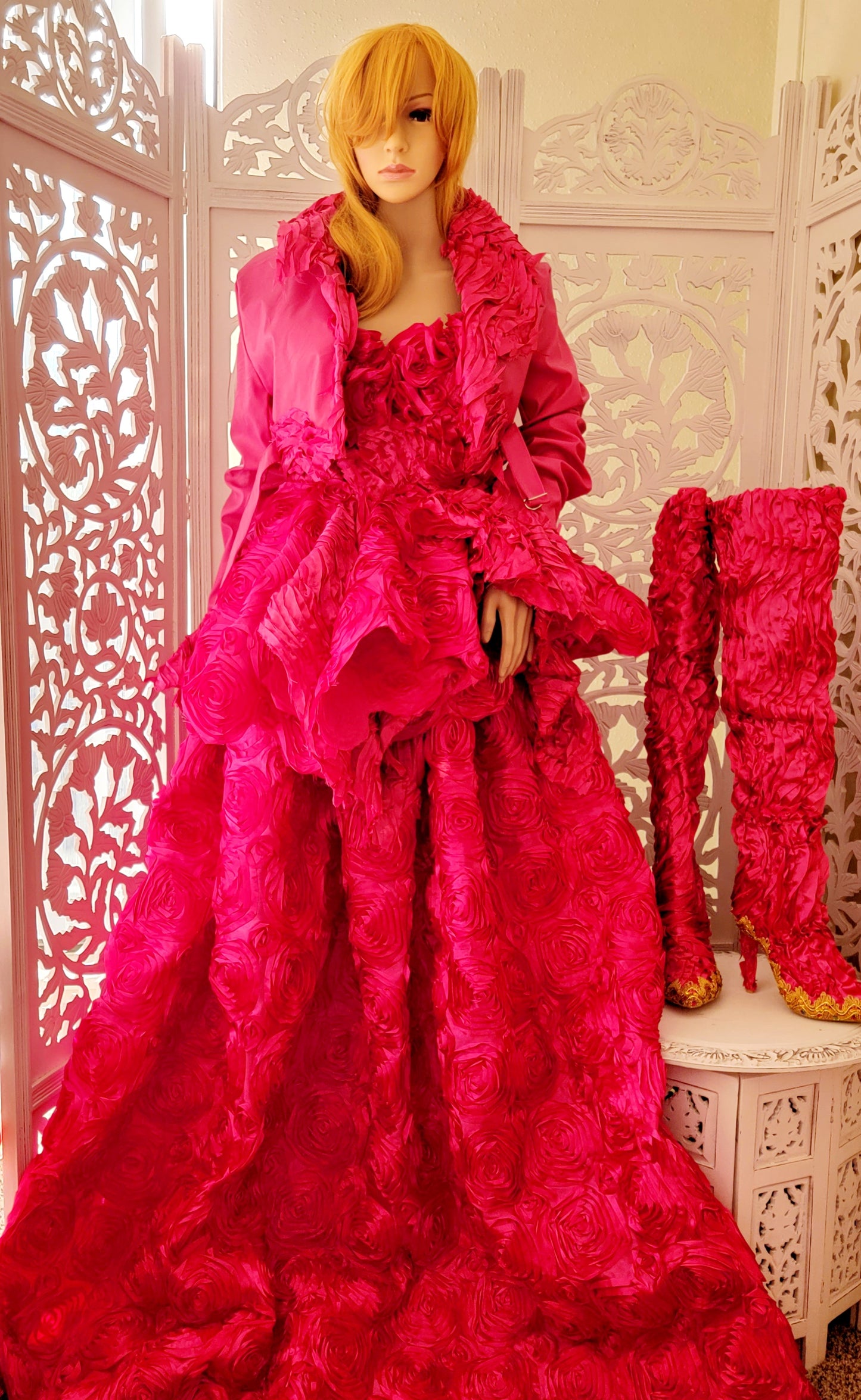 "CALLIA" Hot Pink Satin Wedding Ballgown Set With Jacket (Custom Order)