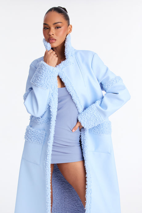 Luxe Baby Blue Faux Leather Faux Shearling Trim Maxi Coat