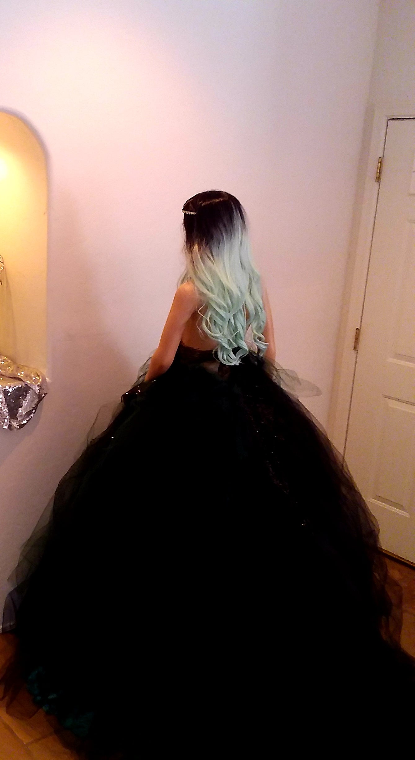 "ESPERANZA" Gothic Romance Black & Green Sequin Lace Tulle 3D Rosette Wedding Ballgown Set (SAMPLE GOWN SET)