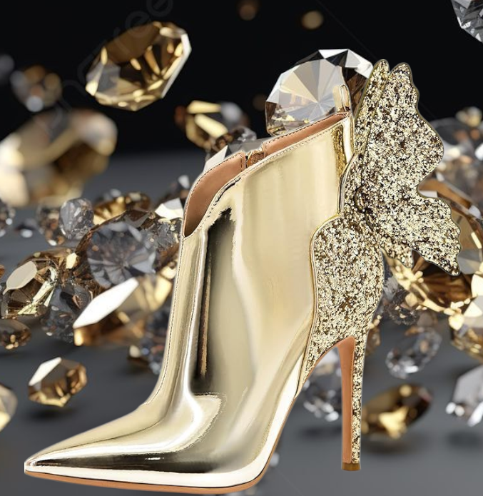 Sexy Gold Butterfly Sparkly Stiletto Ankle Boots