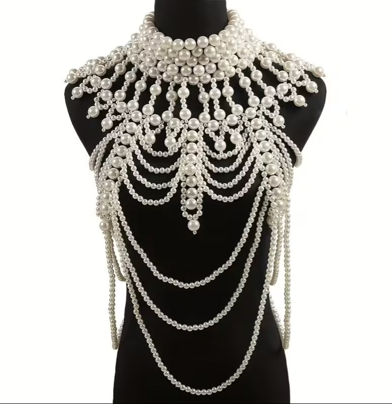 Luxe Draped Faux Pearl Multi Strand Bejeweled Elizabethan Overlay Body Jewelry Crop Top