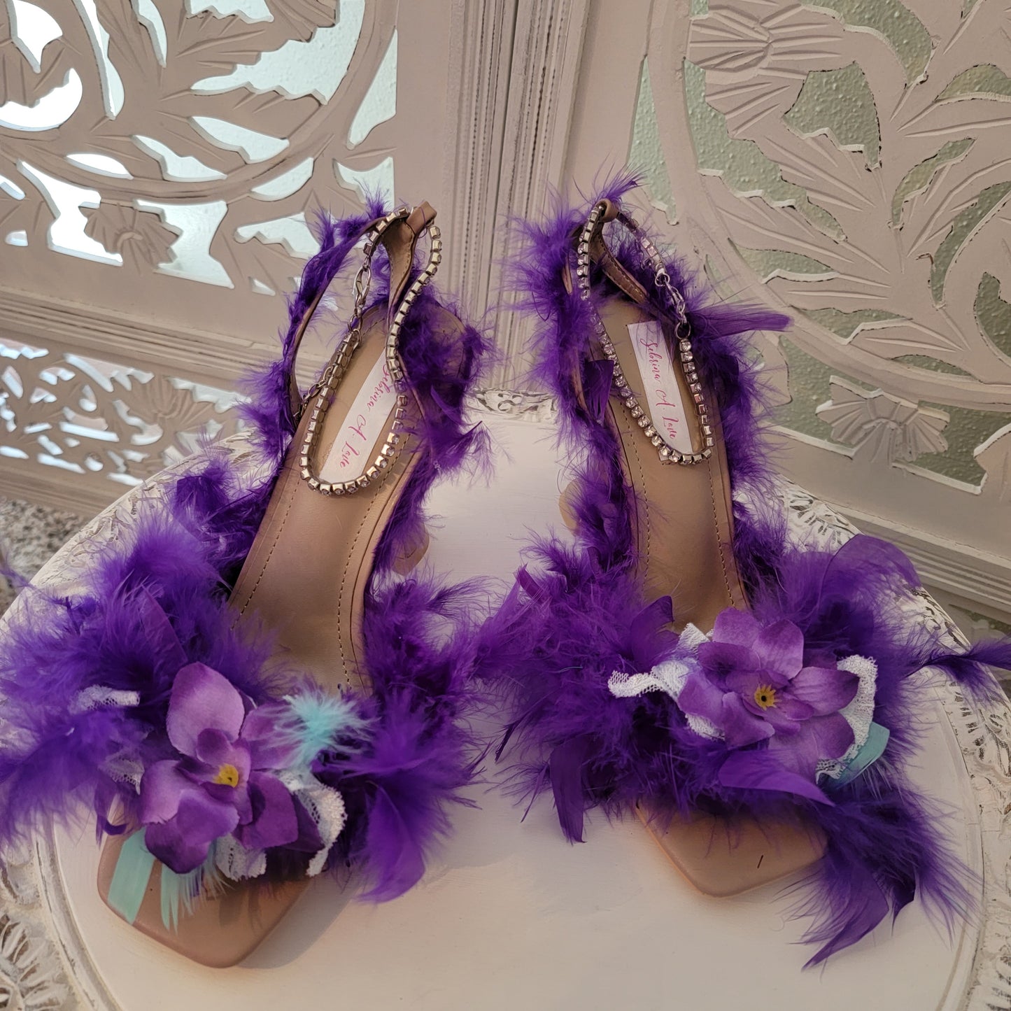 Sexy "VIOLET RAE" Purple Feather Ankle Strap Heels