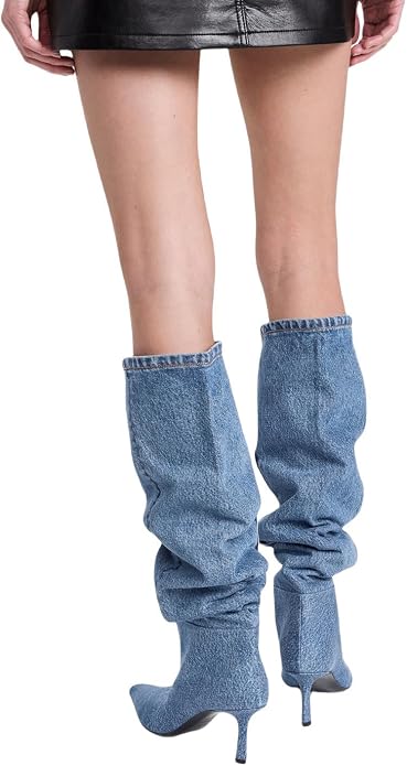 Chic Blue Denim Kitten Heel Knee Boots